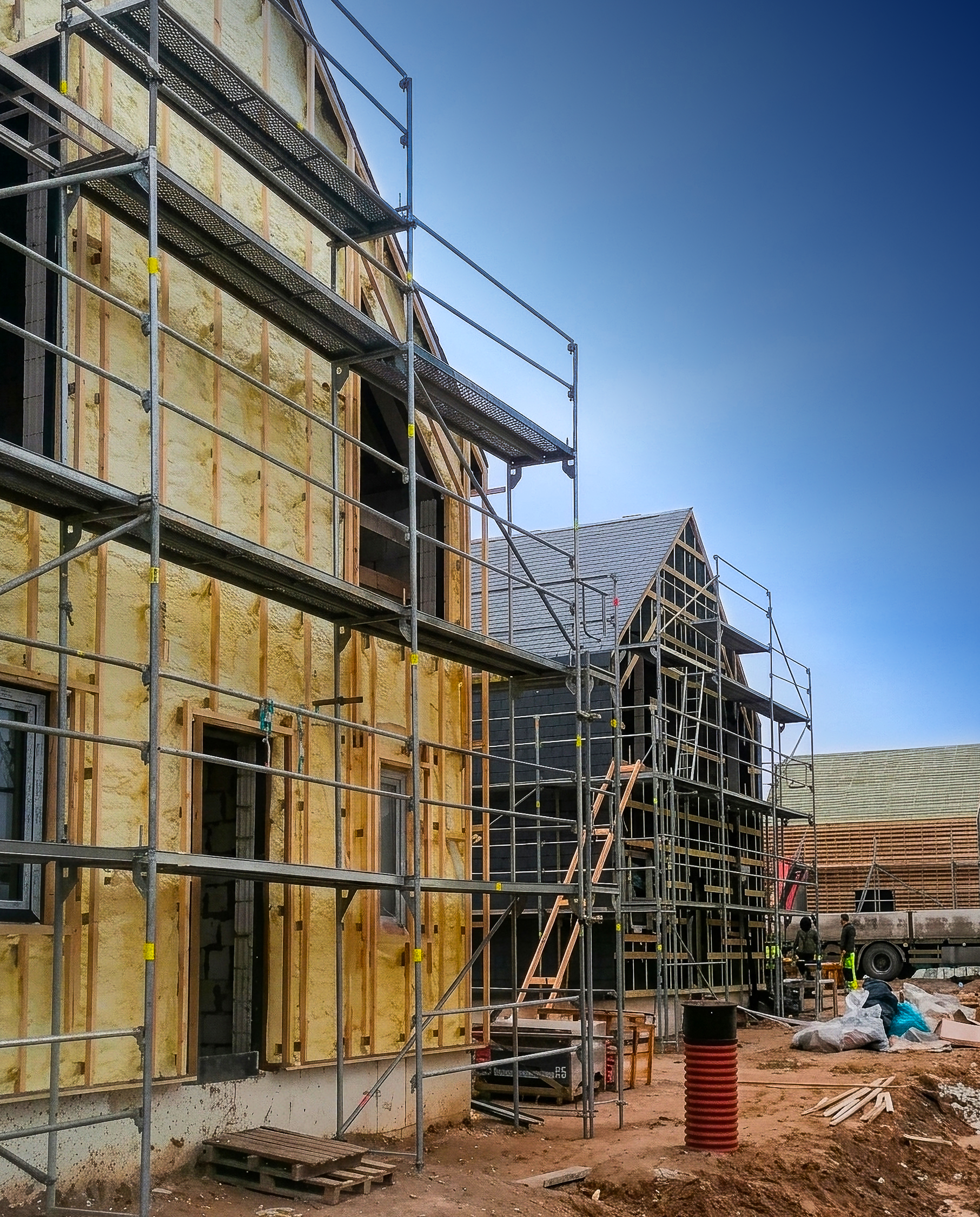Residential building under construction with scaffolding